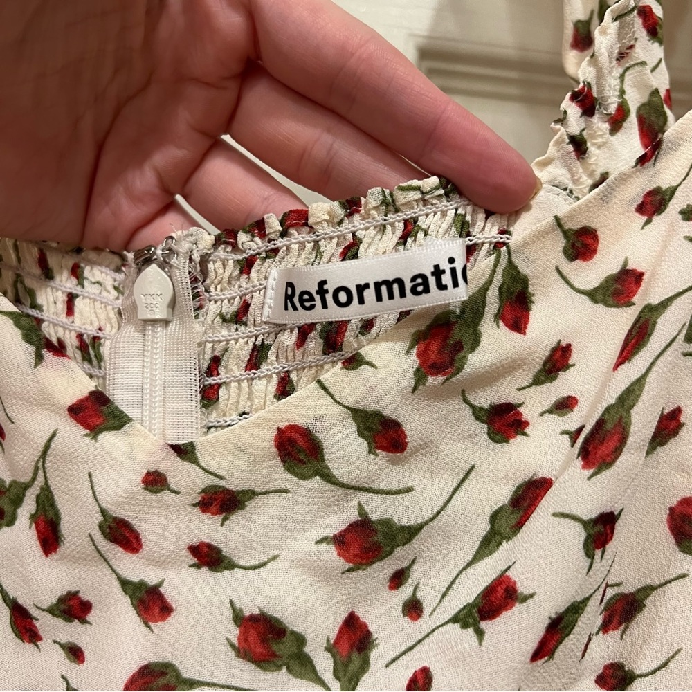Reformation Binx Dress Mini Sleeveless Dress with Ruffled Trim Rose Bud Print 10 - Picture 6 of 8